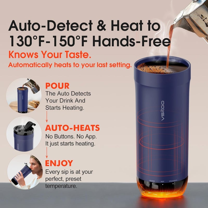 vsitoo S5 heated travel mug,16oz, Auto-Sensing AI Heats Drinks To 120-150°F Hands-Free. Temperature Control for All Cars, Perfect for Home/Office/Travel/Outdoor, Ideal Gift for Coffee Lovers - Blue - Image 2